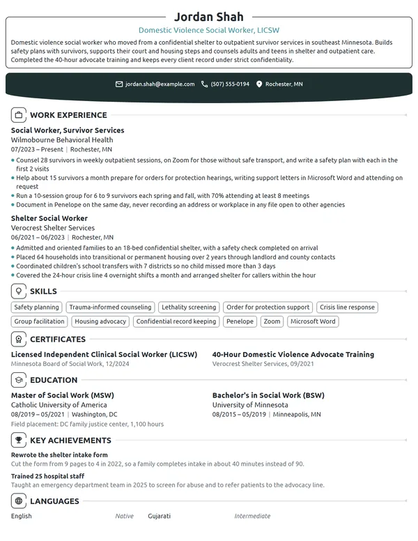 Domestic Violence Social Worker resume example