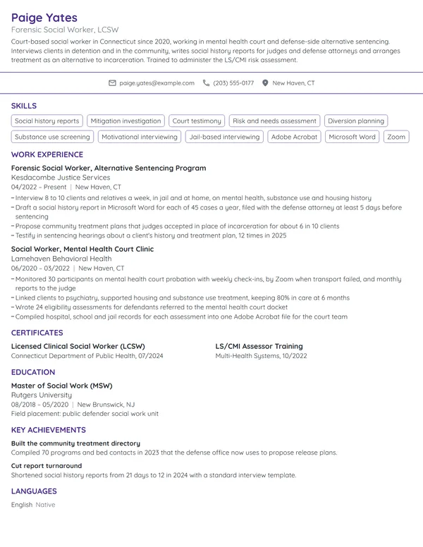 Forensic Social Worker resume example