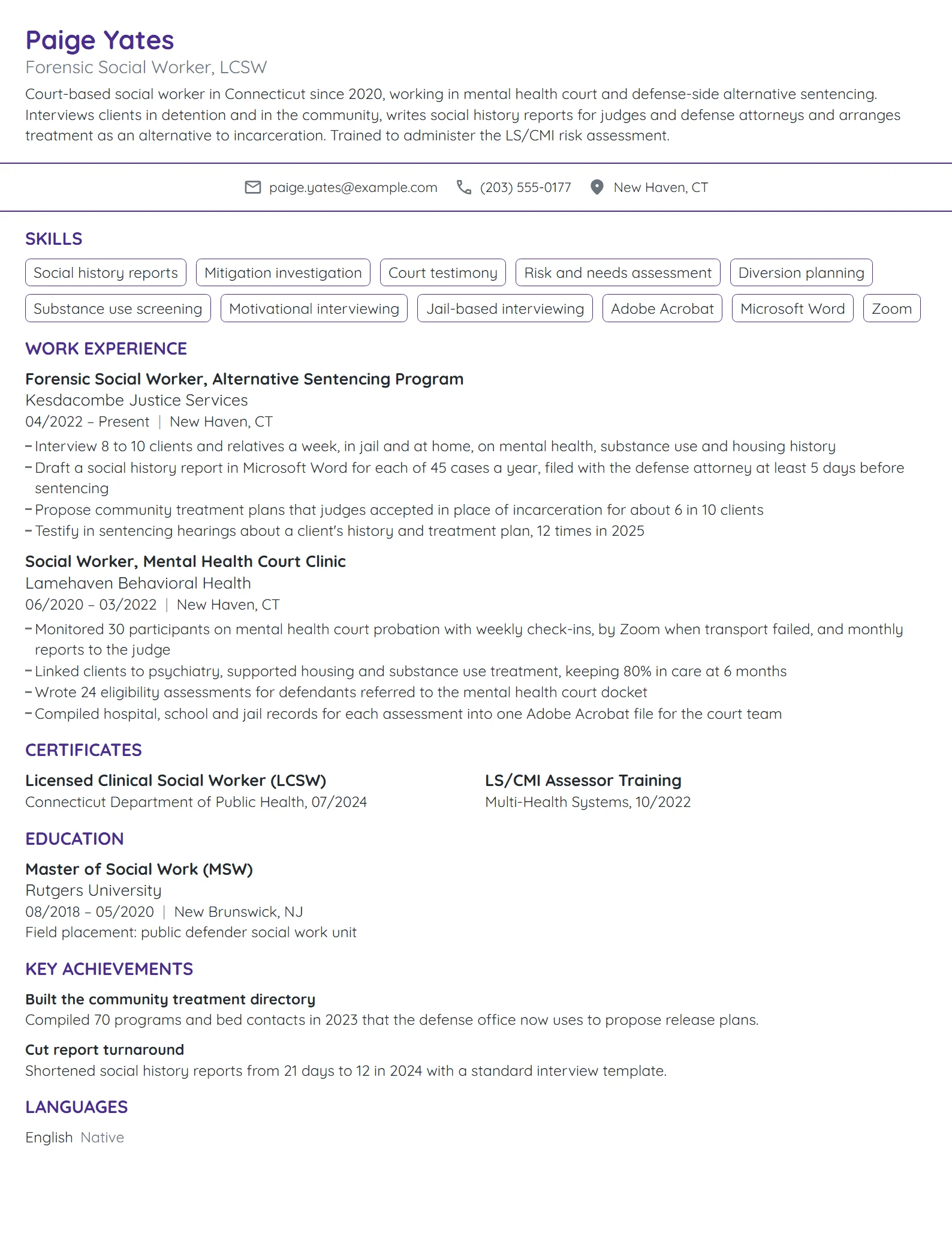 Forensic Social Worker resume example