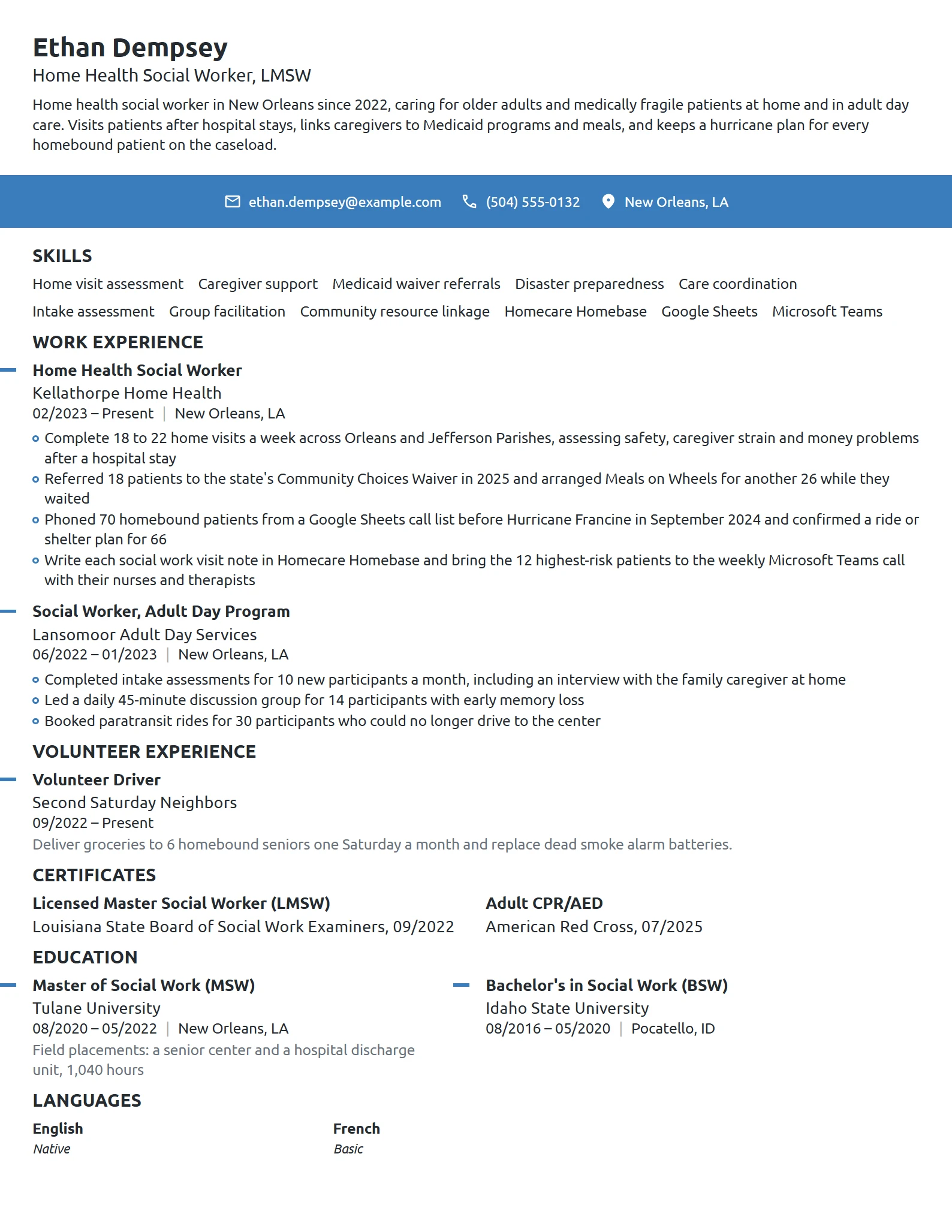 Home Health Social Worker resume example