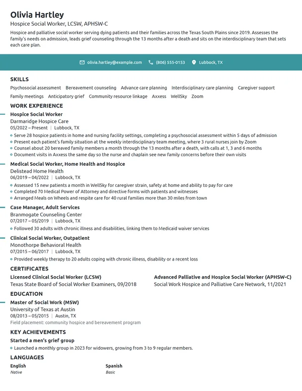 Hospice Social Worker resume example