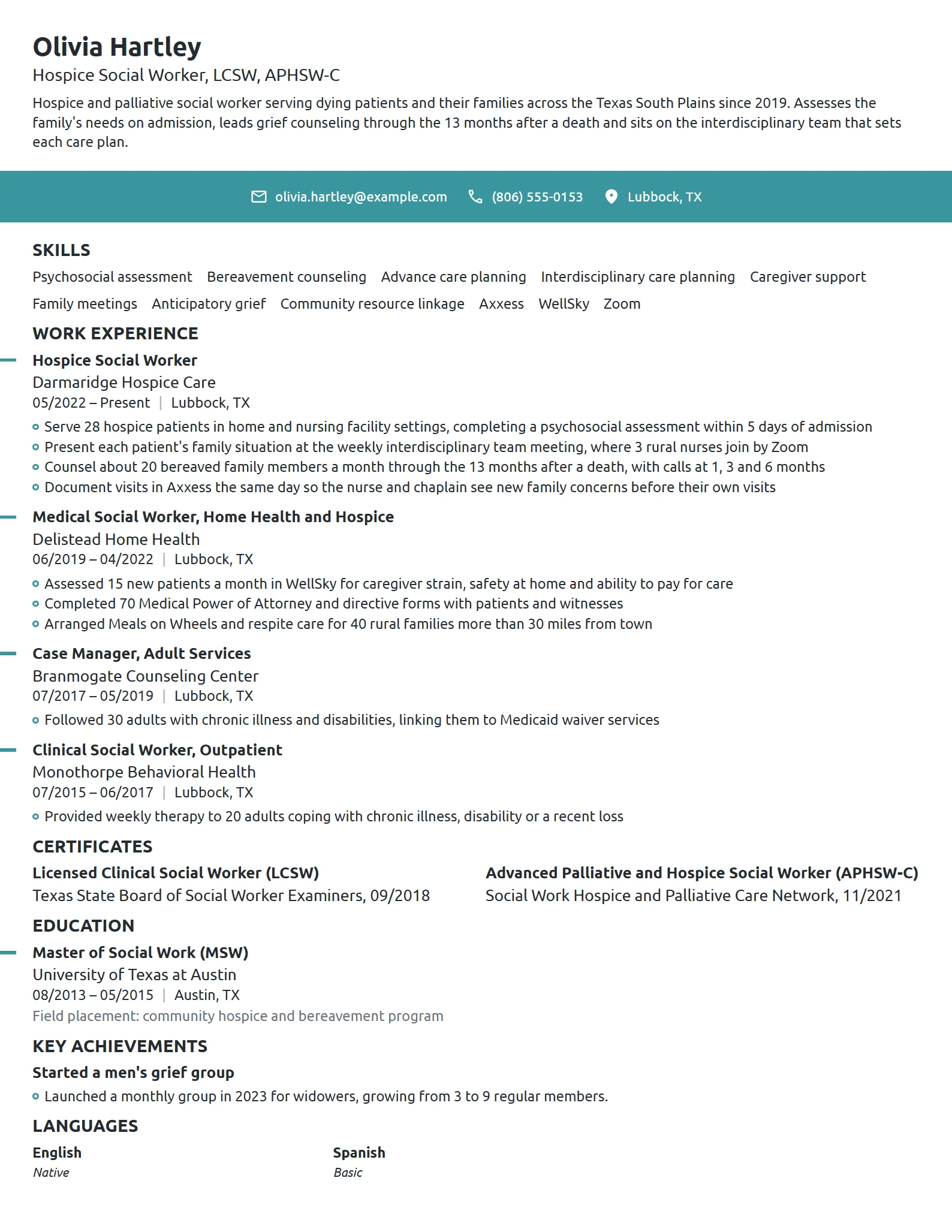 Hospice Social Worker resume example