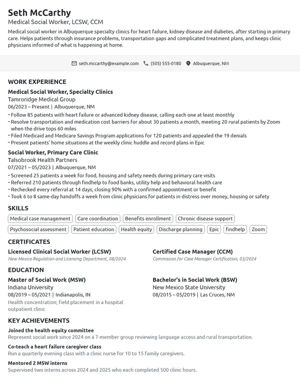 Medical Social Worker resume example