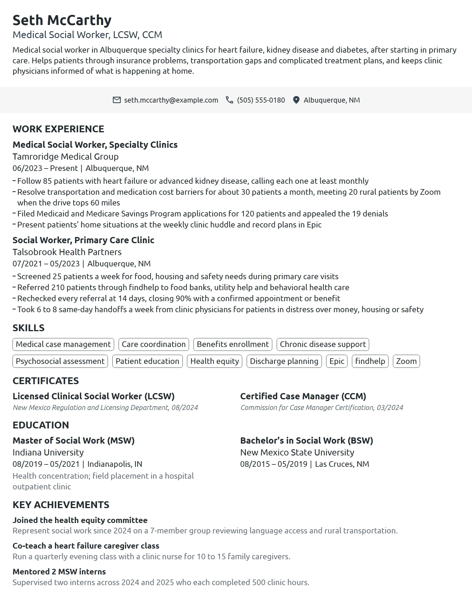 Medical Social Worker resume example