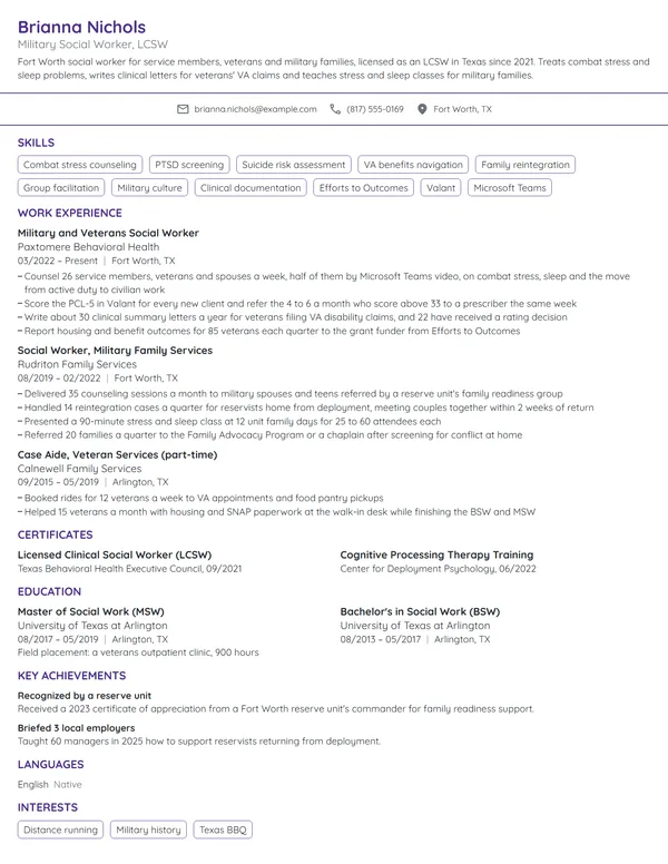 Military Social Worker resume example