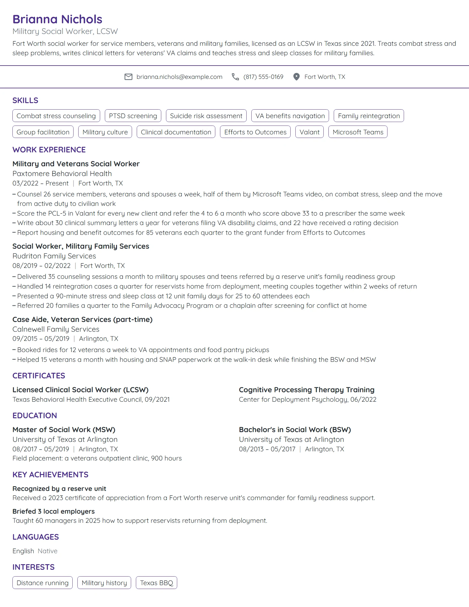 Military Social Worker resume example