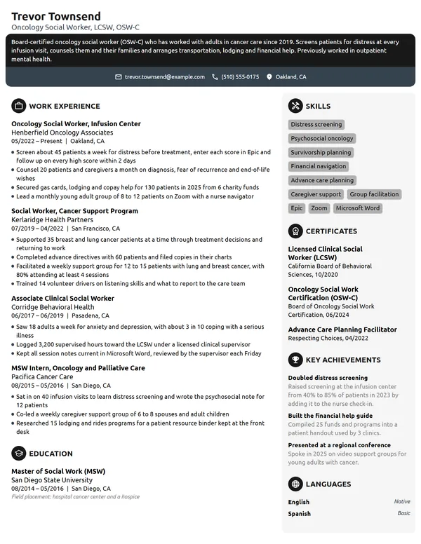 Oncology Social Worker resume example