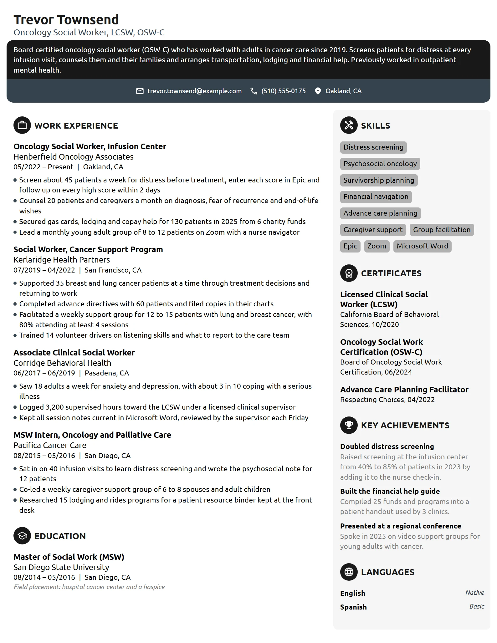 Oncology Social Worker resume example