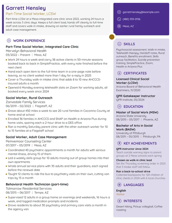 Part-Time Social Worker resume example