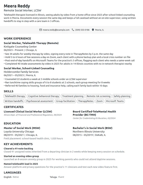 Remote Social Worker resume example