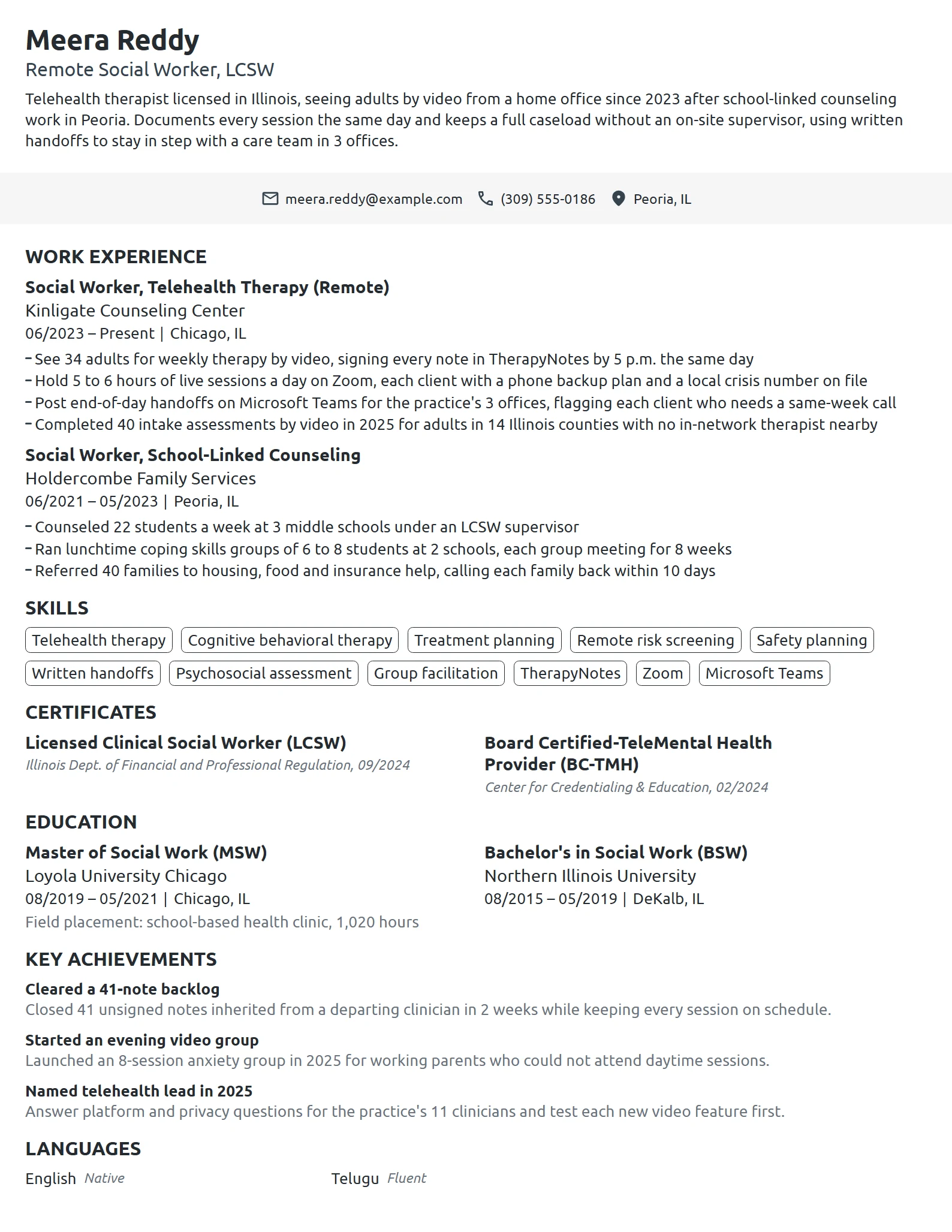 Remote Social Worker resume example