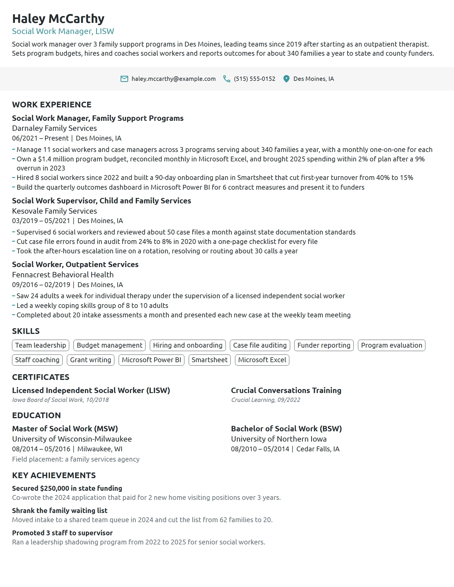 Social Work Manager resume example