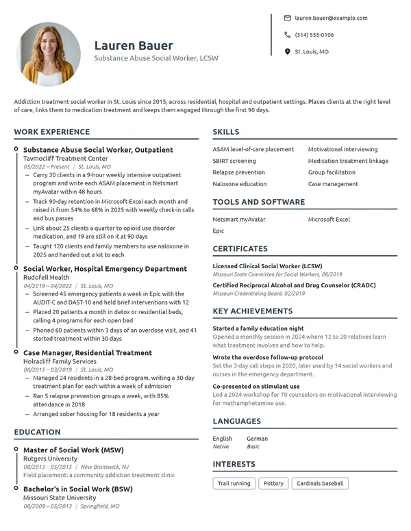 Substance Abuse Social Worker resume example
