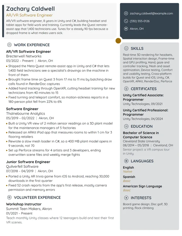 AR/VR Software Engineer resume example
