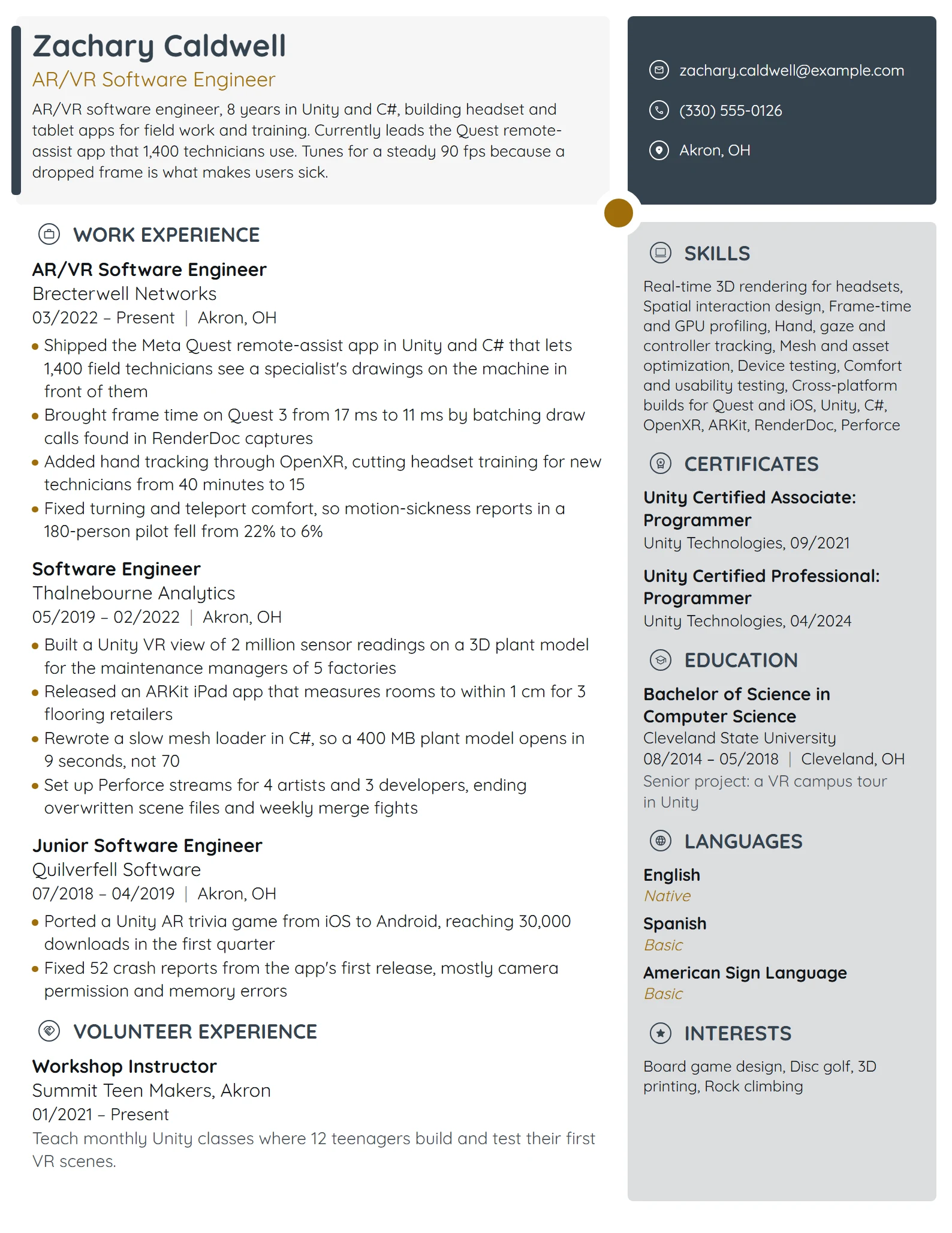 AR/VR Software Engineer resume example