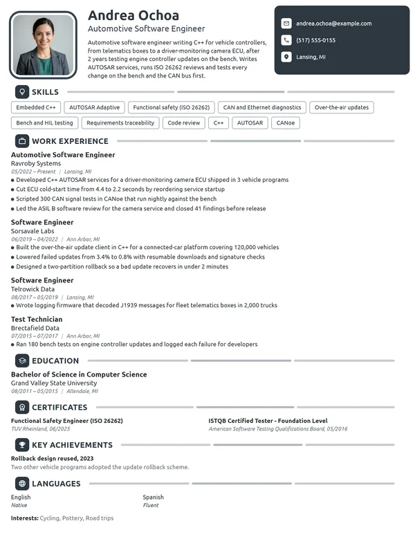 Automotive Software Engineer resume example