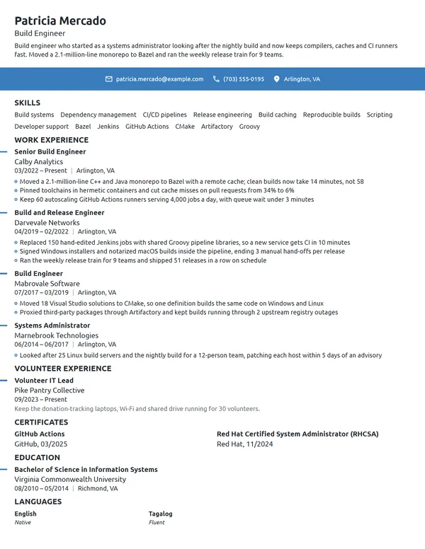 Build Engineer resume example