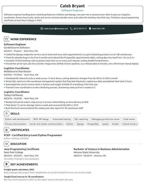Career Change Software Engineer resume example