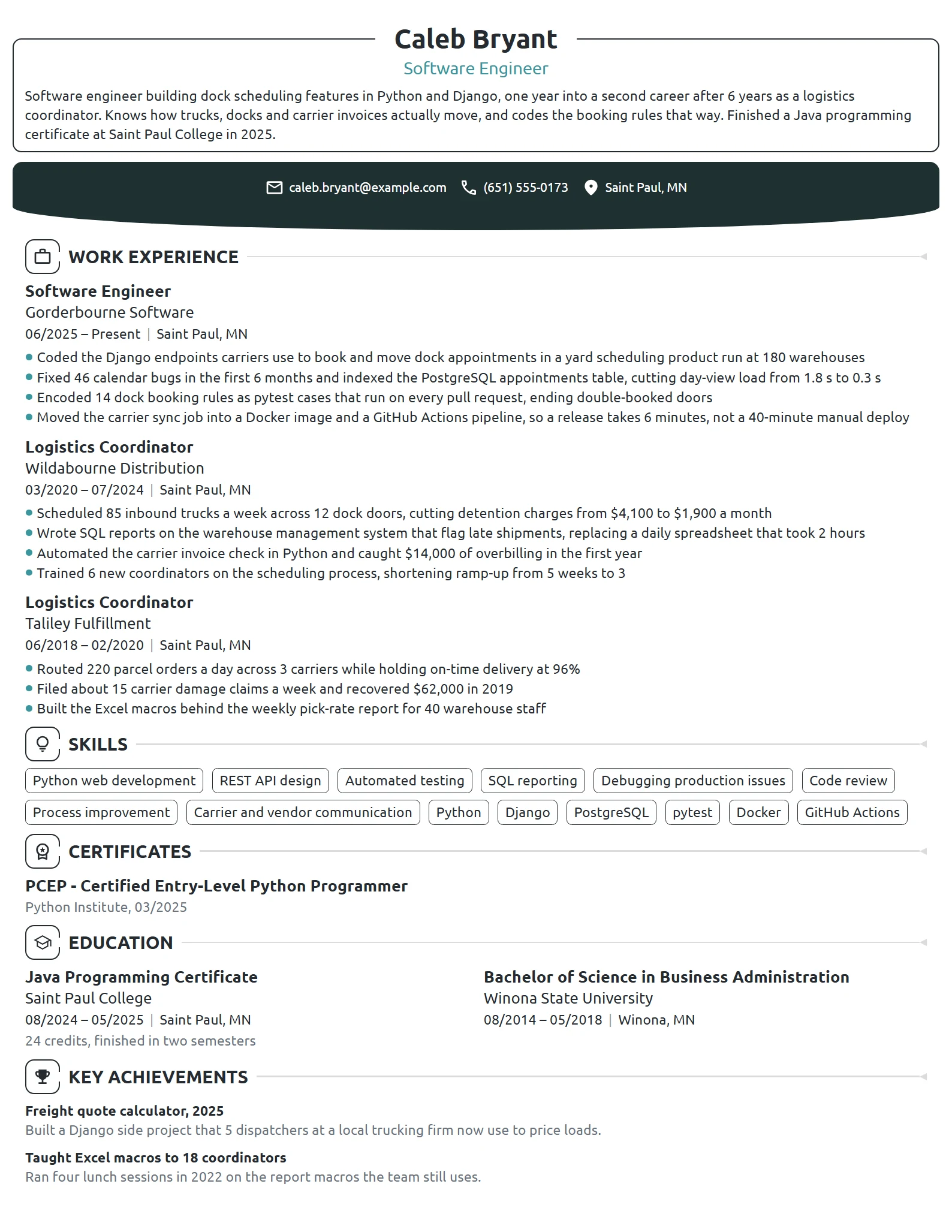 Career Change Software Engineer resume example