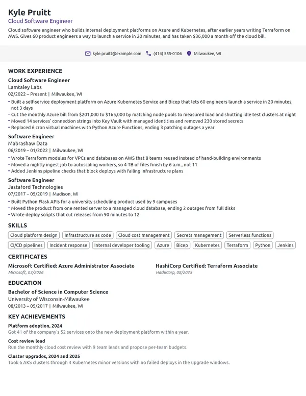 Cloud Software Engineer resume example