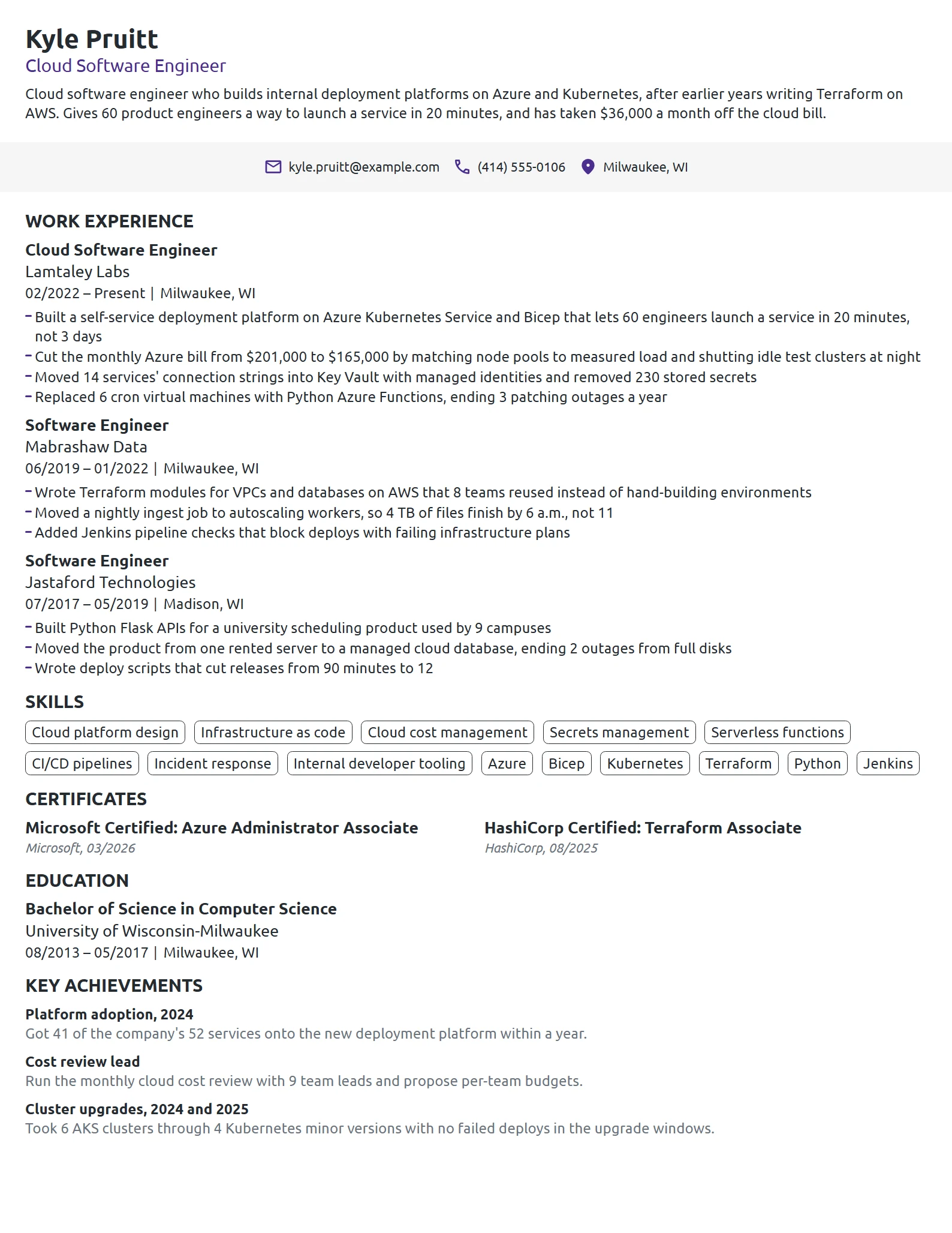 Cloud Software Engineer resume example