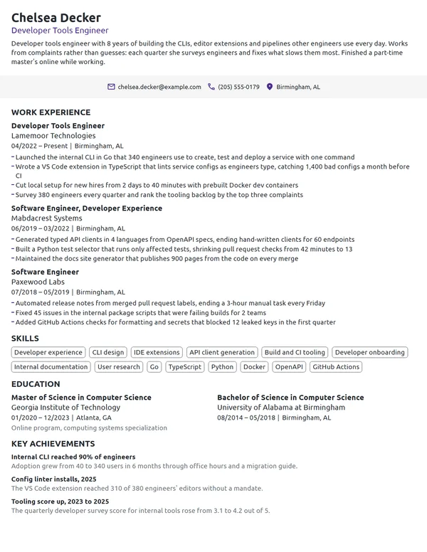 Developer Tools Engineer resume example