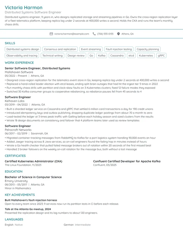 Distributed Systems Software Engineer resume example