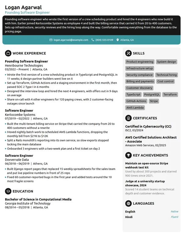 Founding Software Engineer resume example