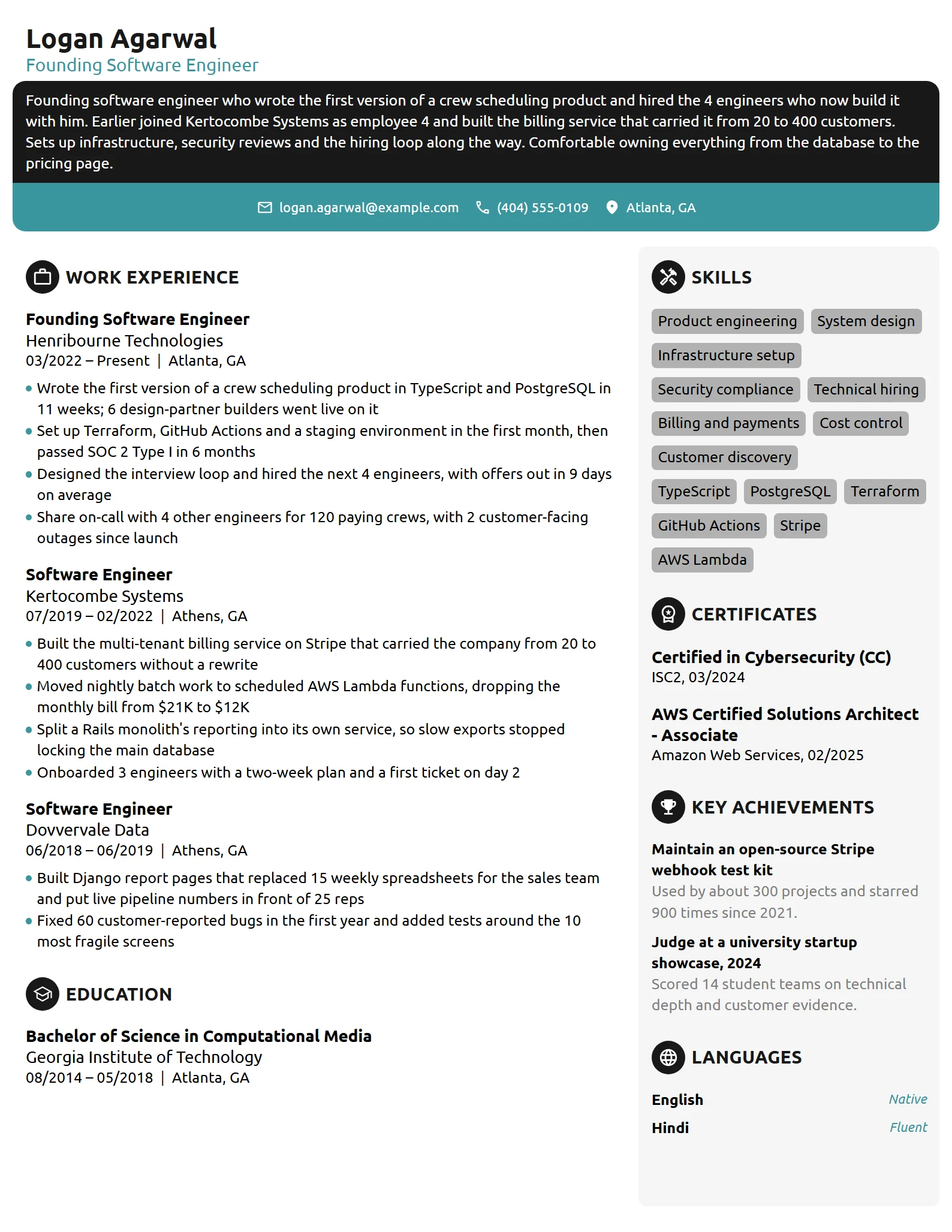 Founding Software Engineer resume example
