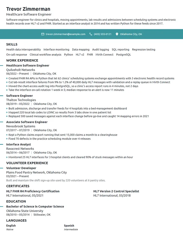 Healthcare Software Engineer resume example