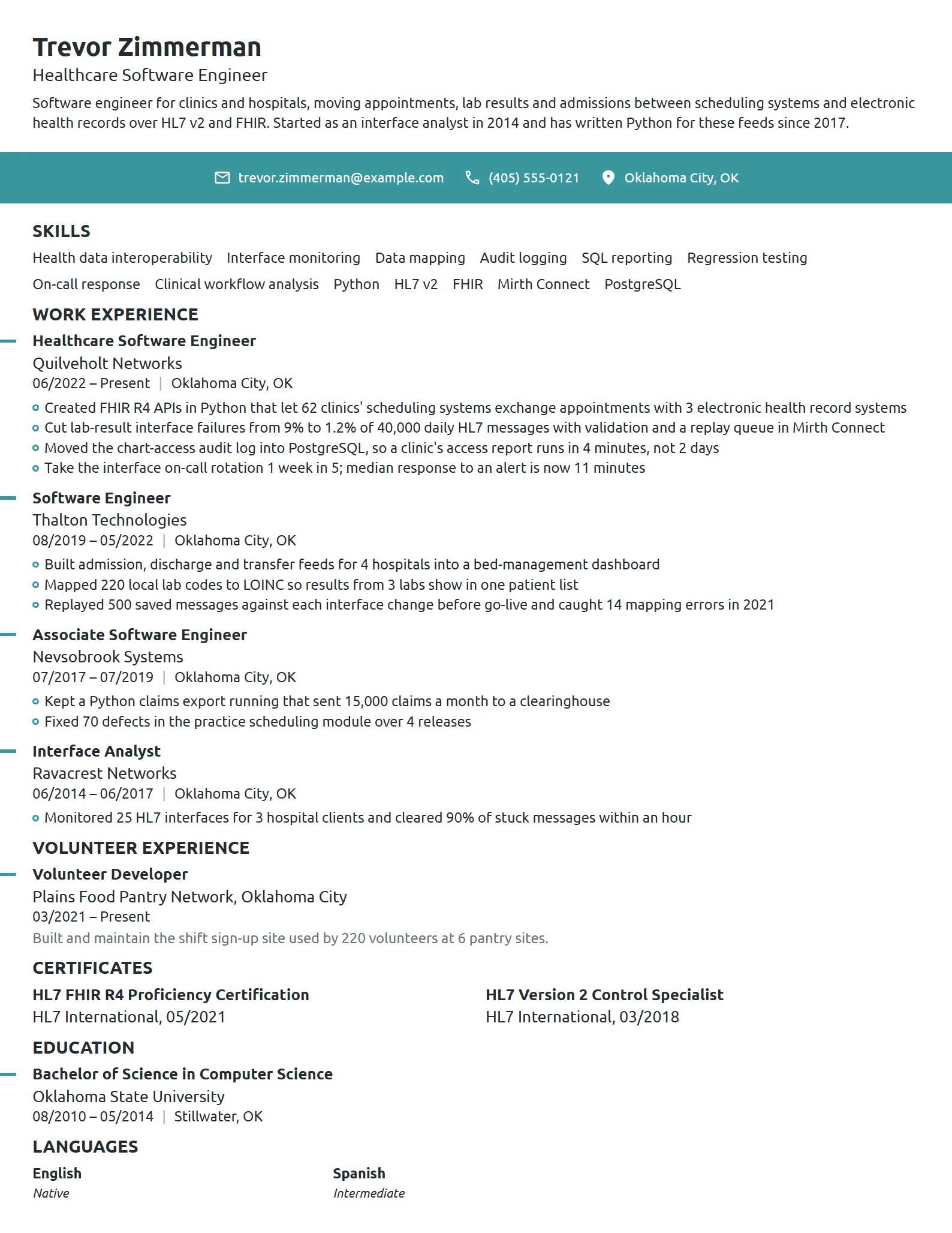 Healthcare Software Engineer resume example