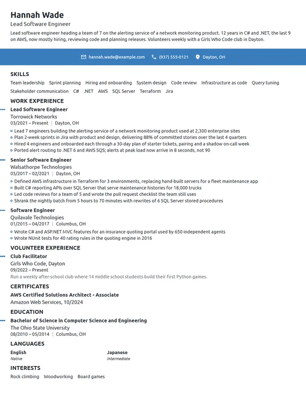 Lead Software Engineer resume example