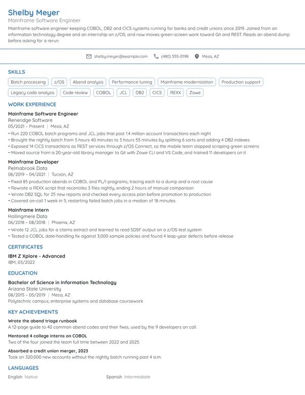 Mainframe Software Engineer resume example