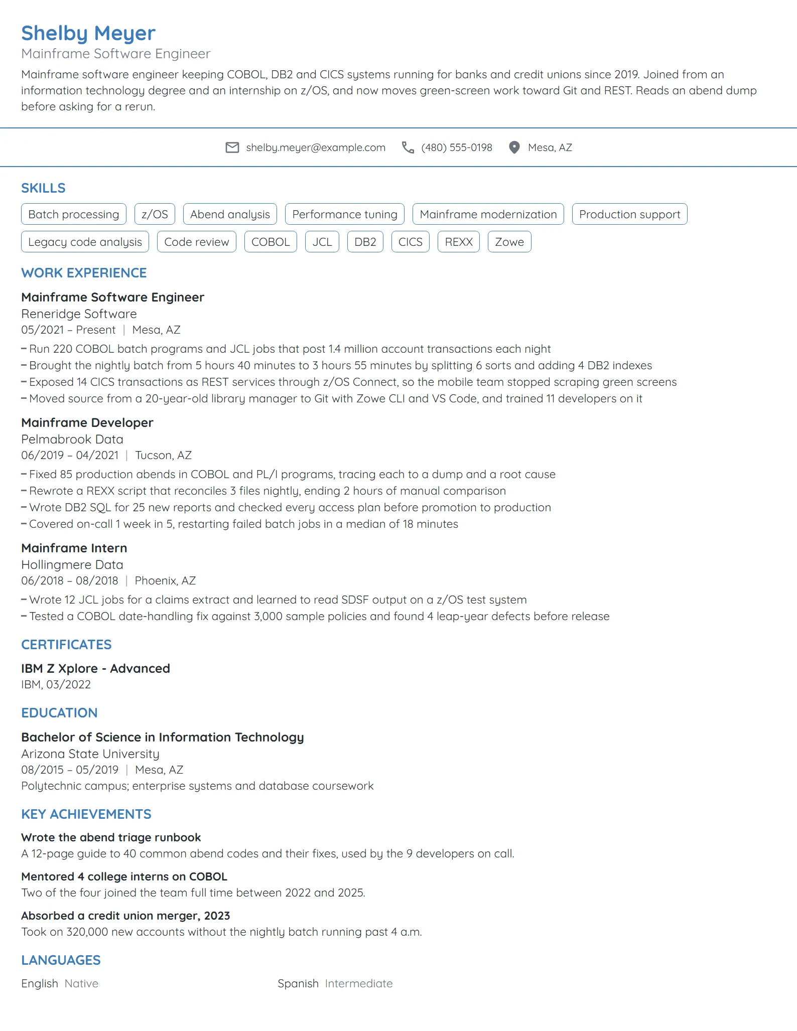 Mainframe Software Engineer resume example