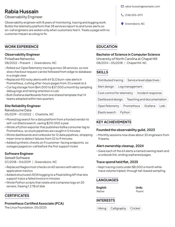 Observability Engineer resume example