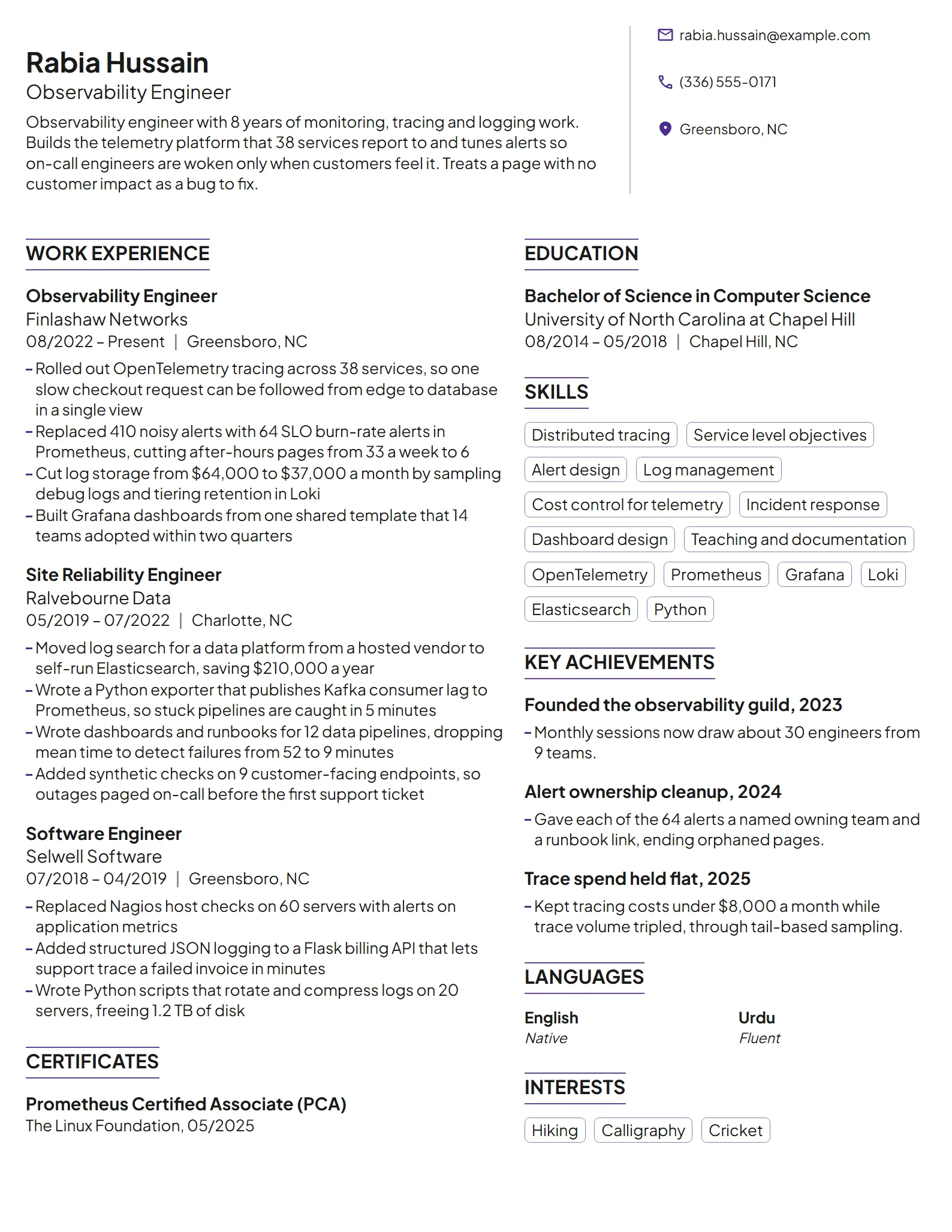 Observability Engineer resume example