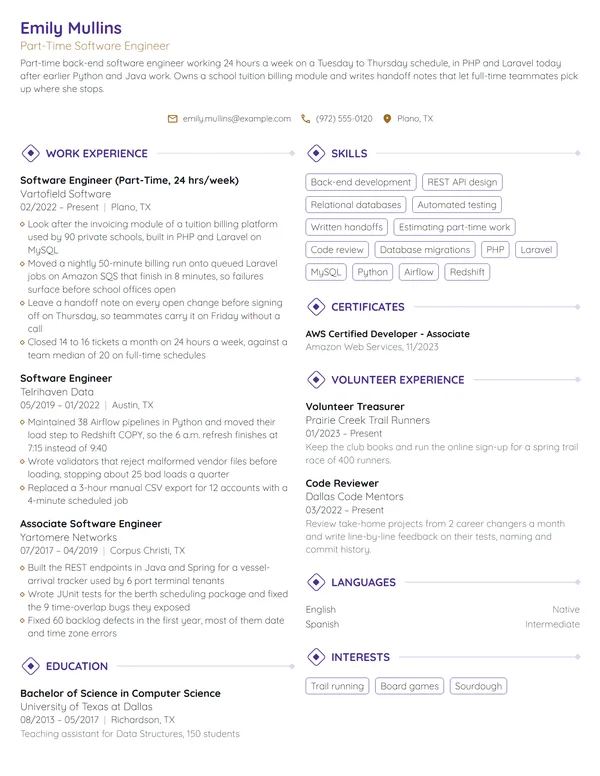 Part-Time Software Engineer resume example