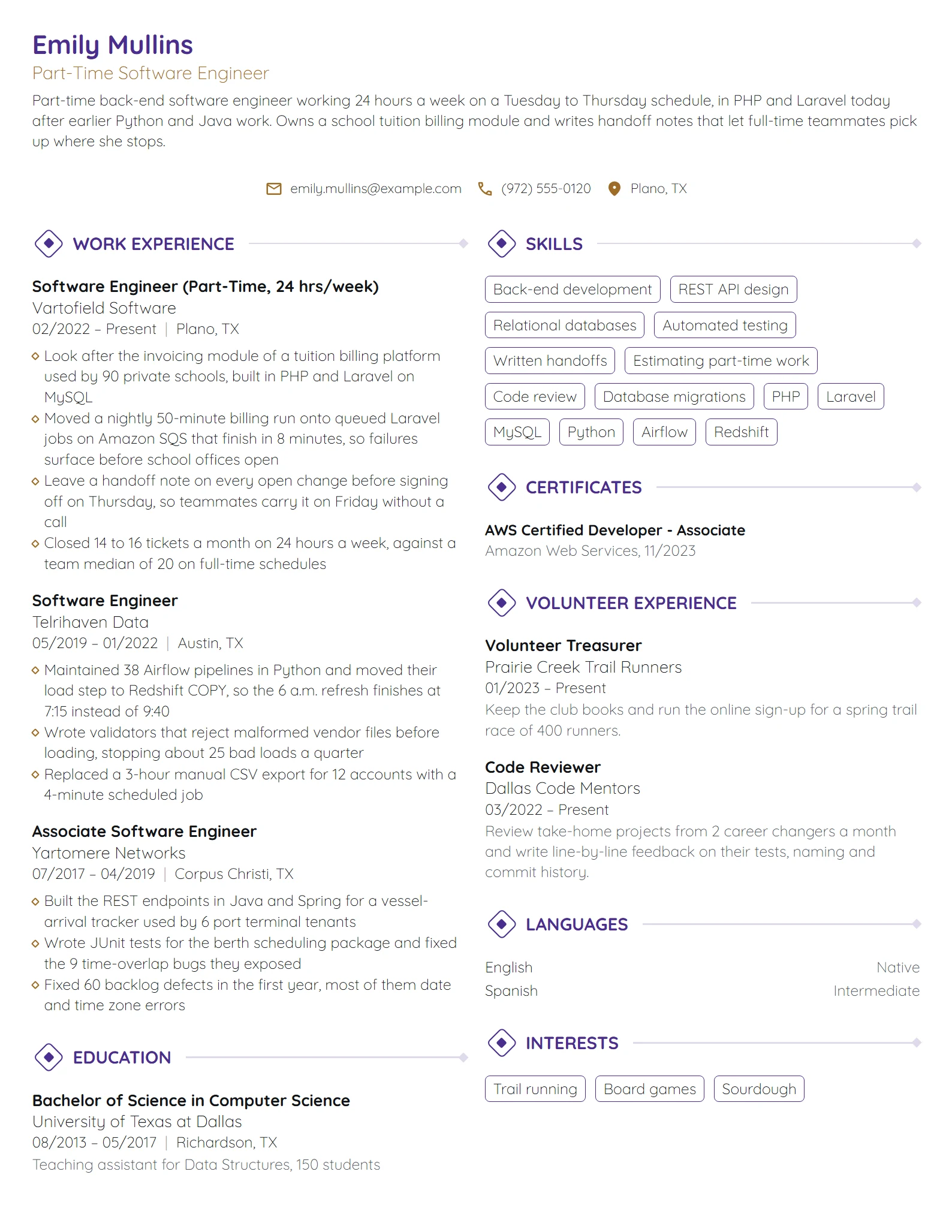 Part-Time Software Engineer resume example