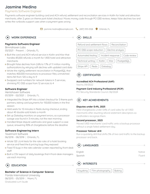 Payments Software Engineer resume example