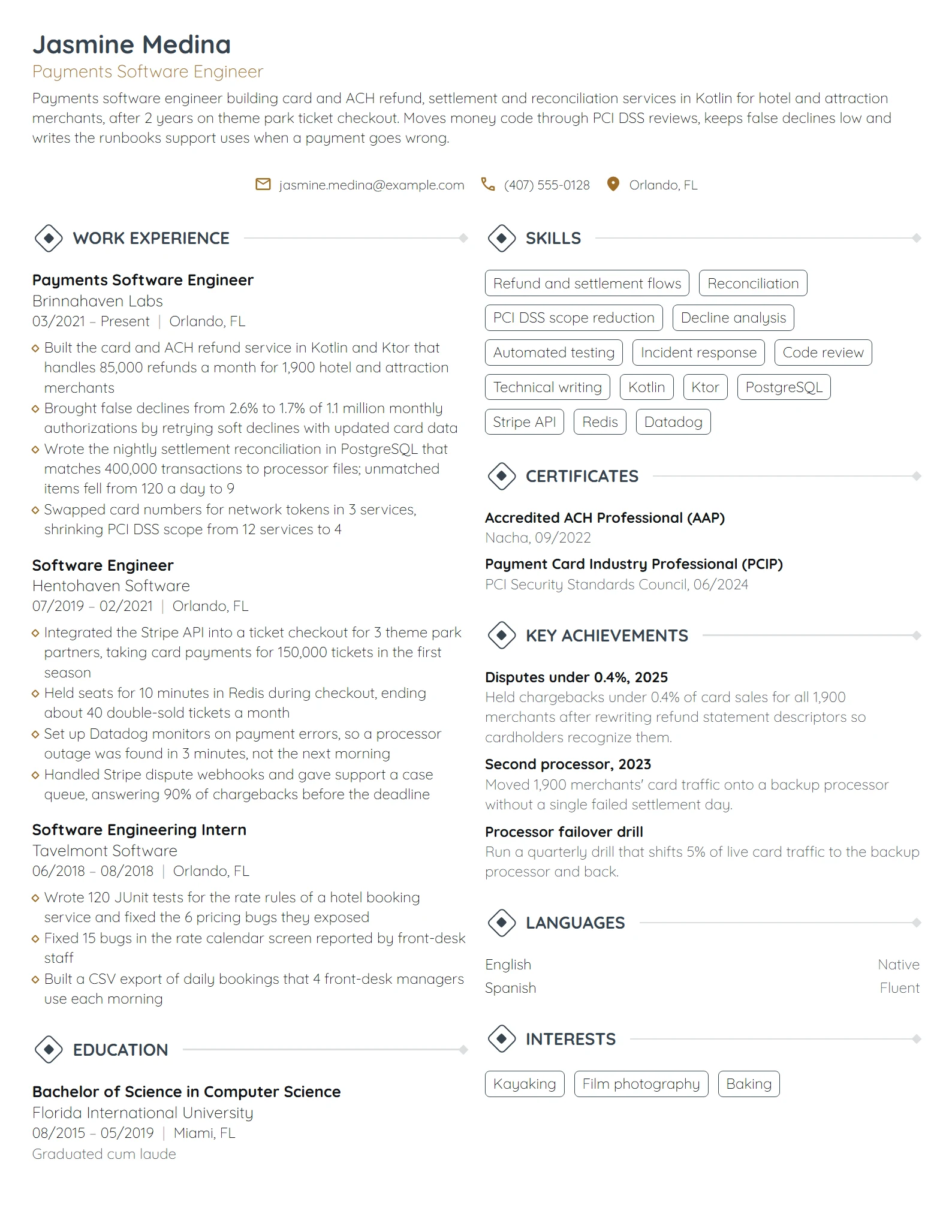 Payments Software Engineer resume example