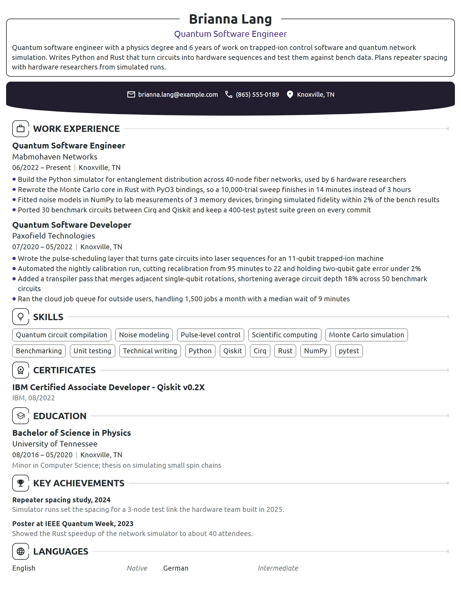 Quantum Software Engineer resume example