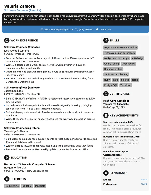 Remote Software Engineer resume example
