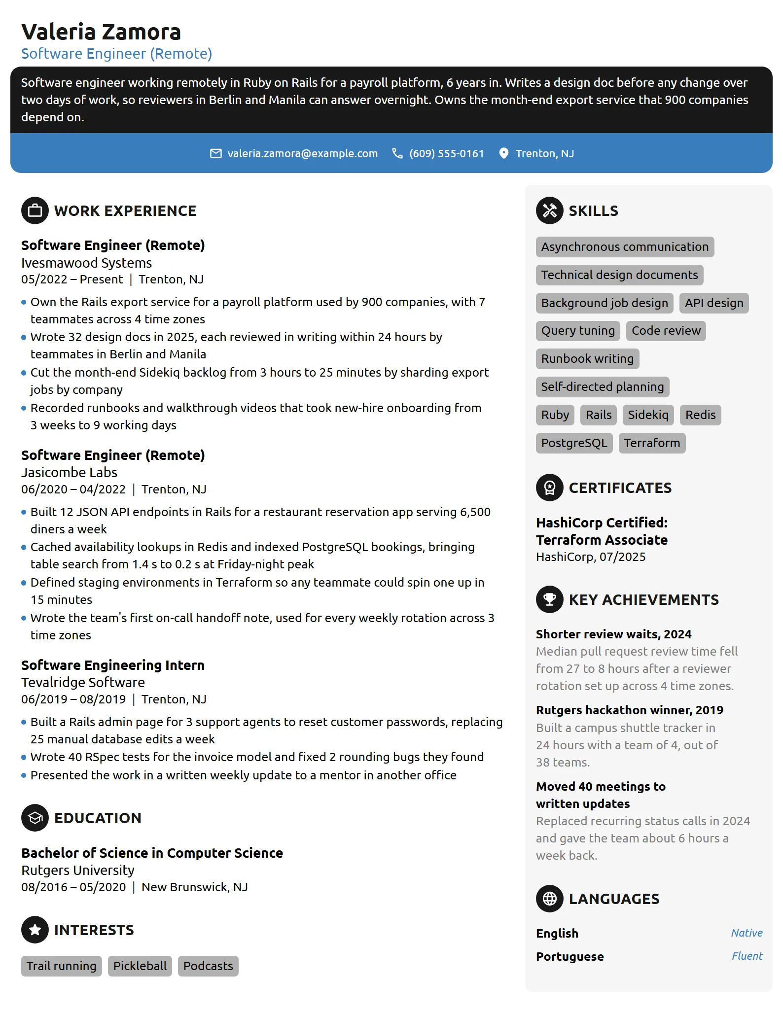 Remote Software Engineer resume example