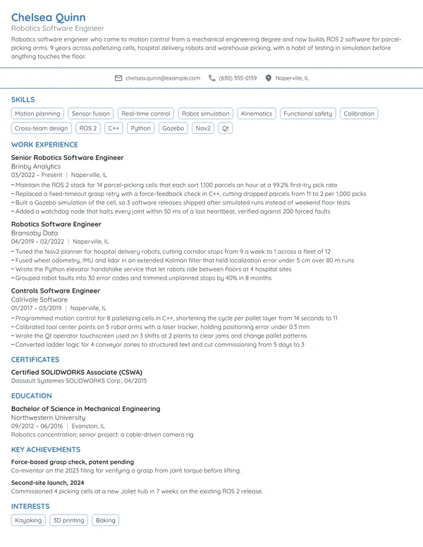 Robotics Software Engineer resume example