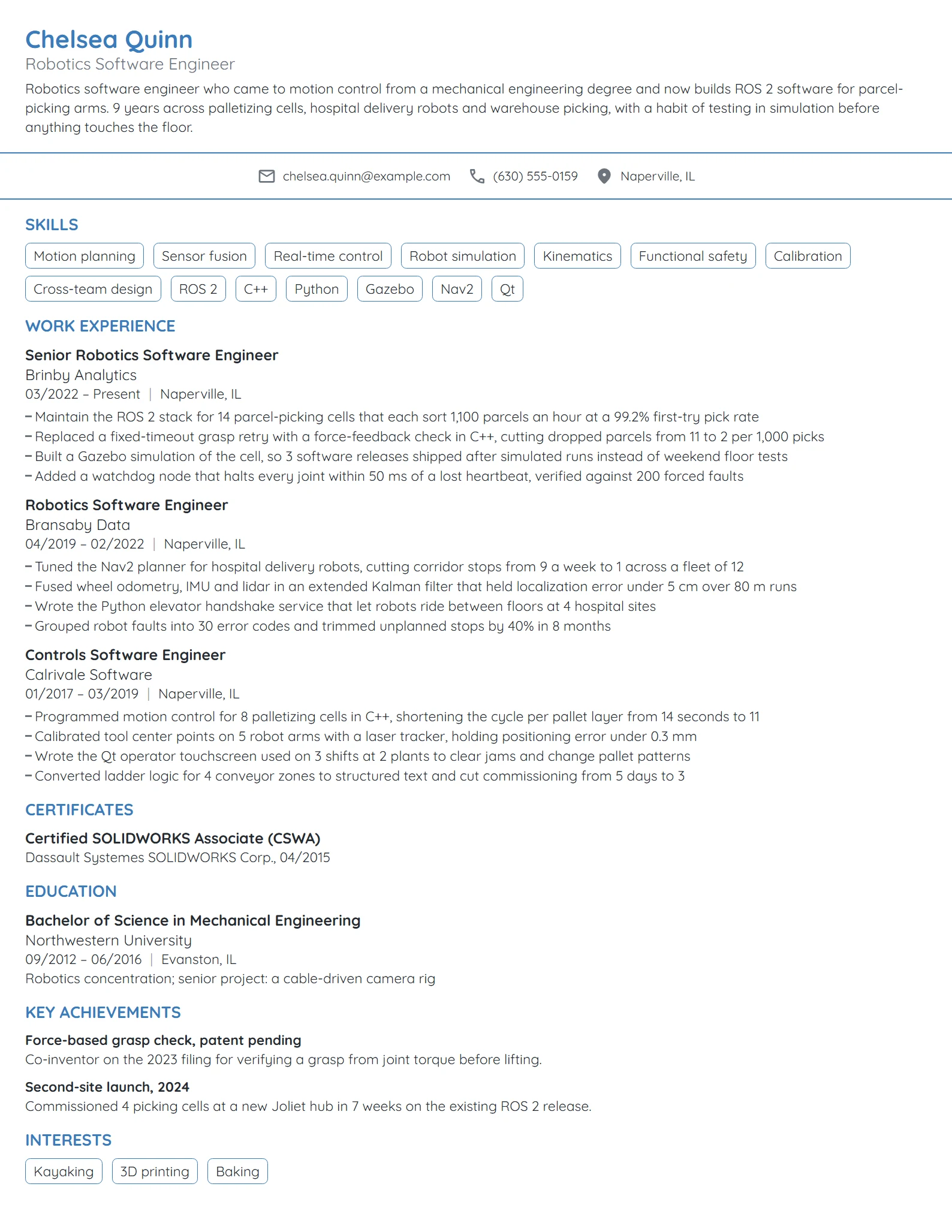 Robotics Software Engineer resume example