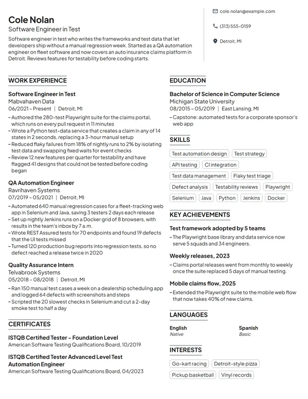Software Engineer in Test resume example