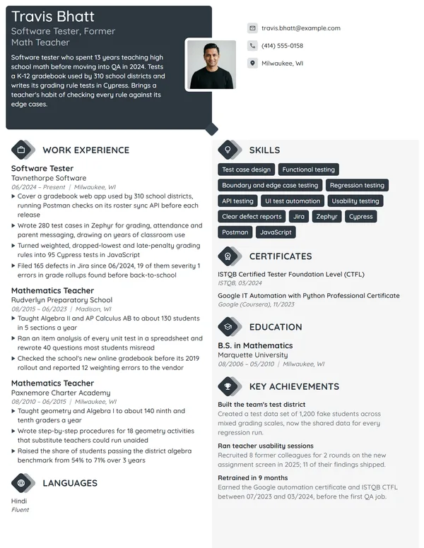 Career Change Software Tester resume example
