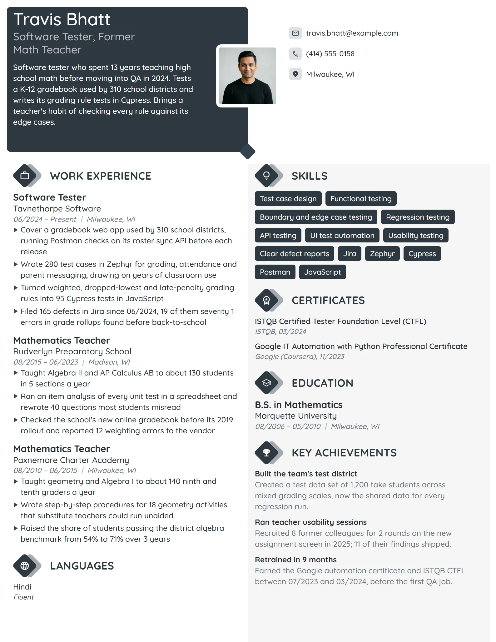 Career Change Software Tester resume example