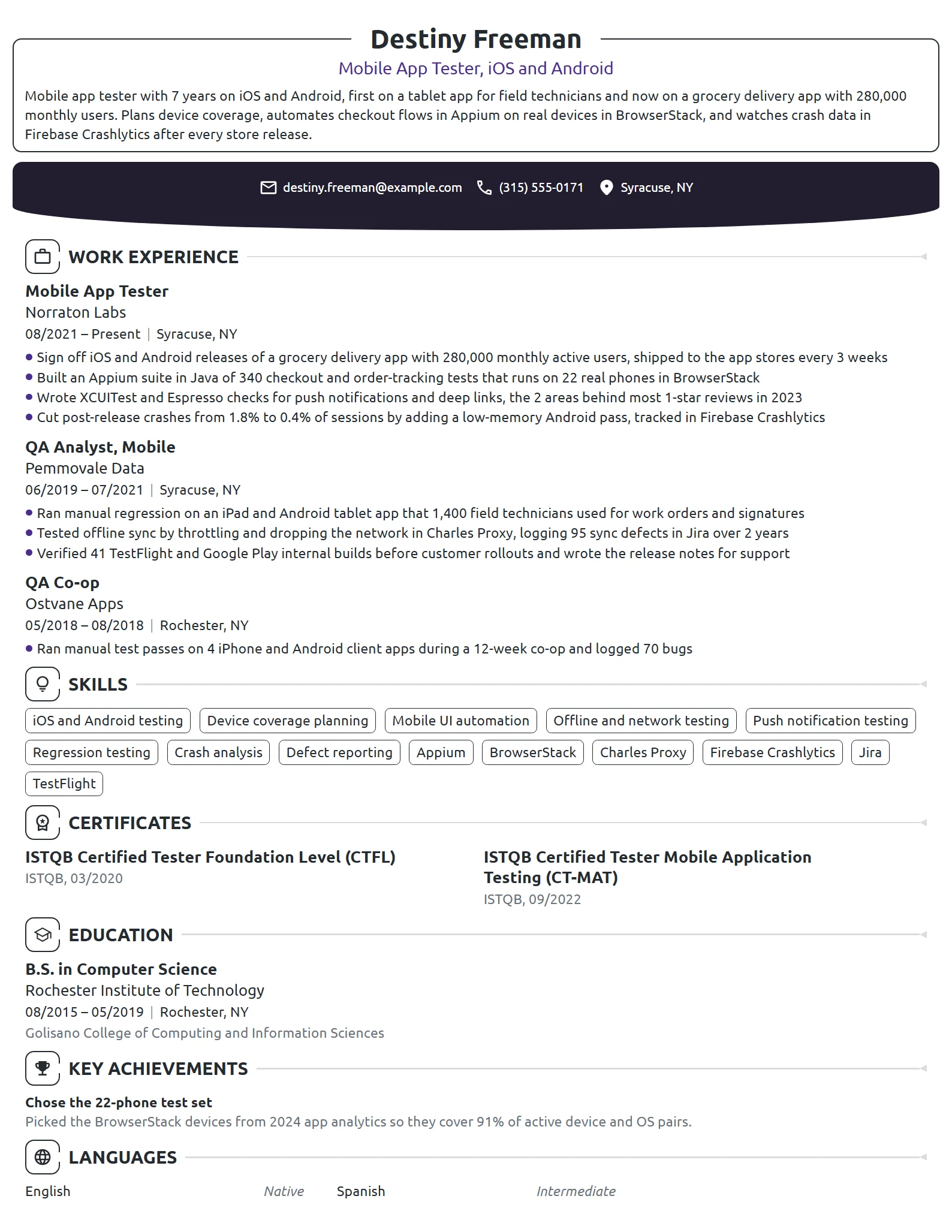 Mobile App Tester resume example