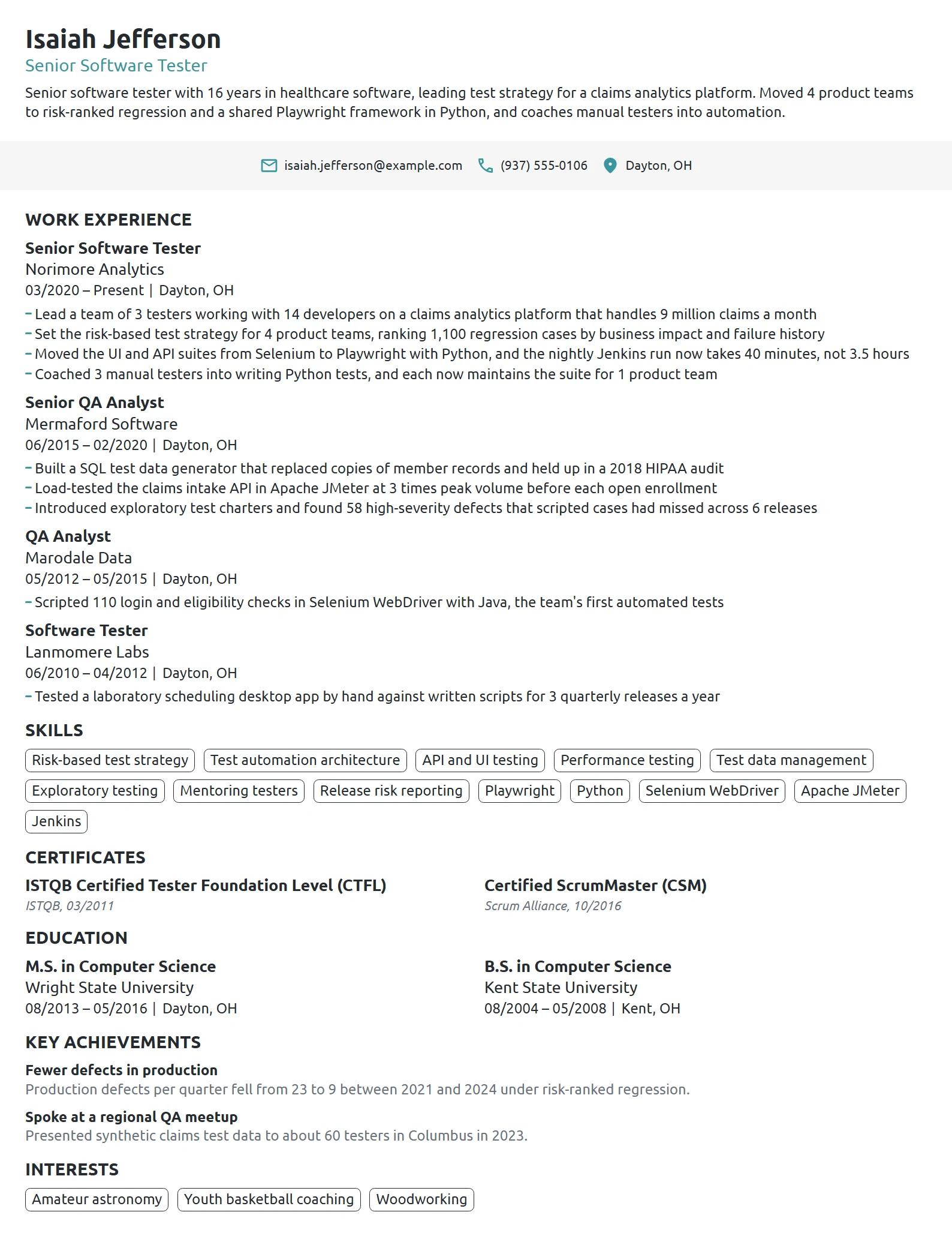 Senior Software Tester resume example